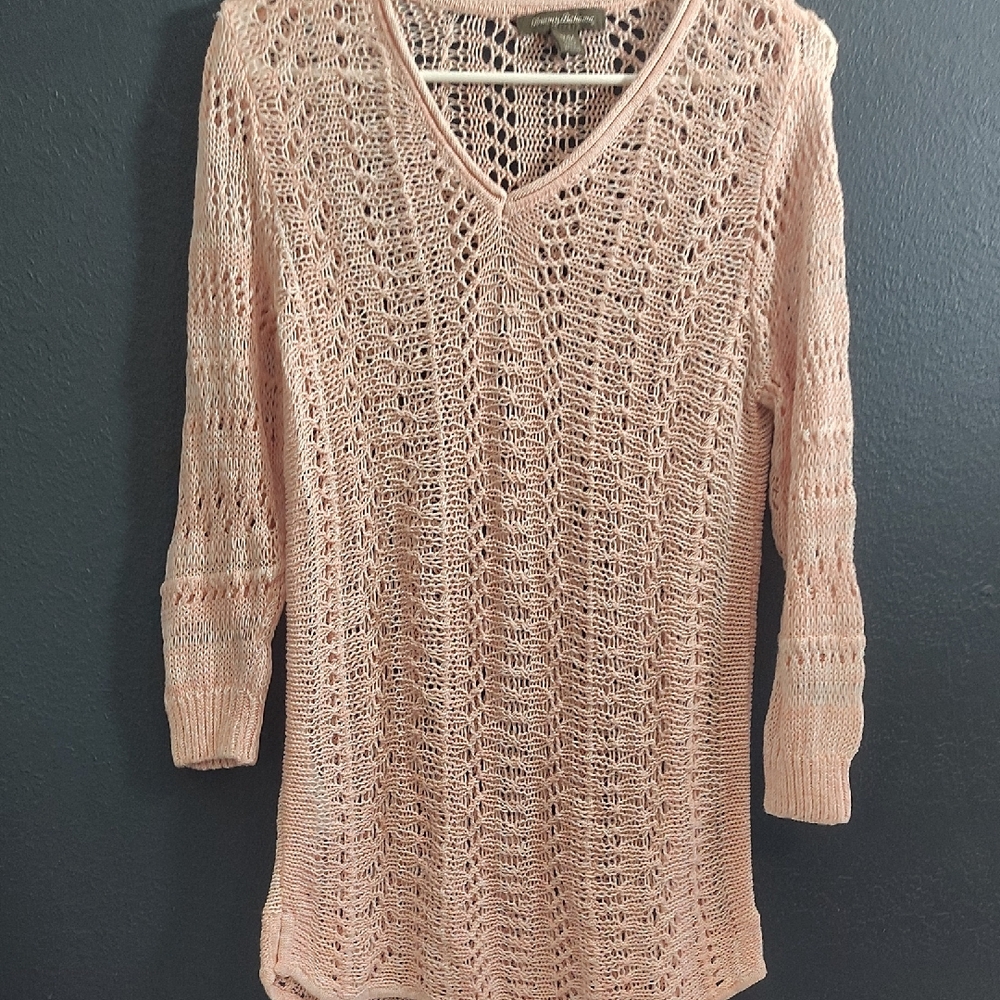 Tommy Bahama Light Pink Linen Cotton Blend V-Neck  Crochet Sheer Sweater
